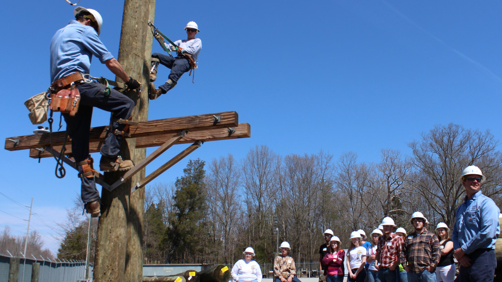Linemen show their skills to high school students during Southside Electric Co-op’s “Day in the Life of a Lineman” program.