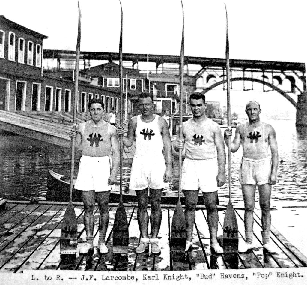 (From left) J.F. Larcombe, Karl Knight, Bud Havens and Bill Havens train at the Washington Canoe Club for 1924 Summer Olympics. (Photo Courtesy: Priscilla Knight)