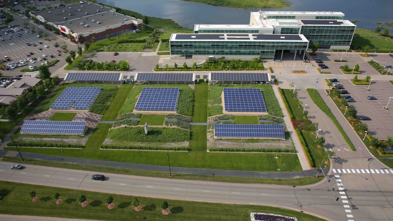 Great River Energy's solar garden, located at its Maple Grove, Minn., headquarters is just one example of the innovation among the state's co-ops, a new report says. (Photo By: Great River Energy)