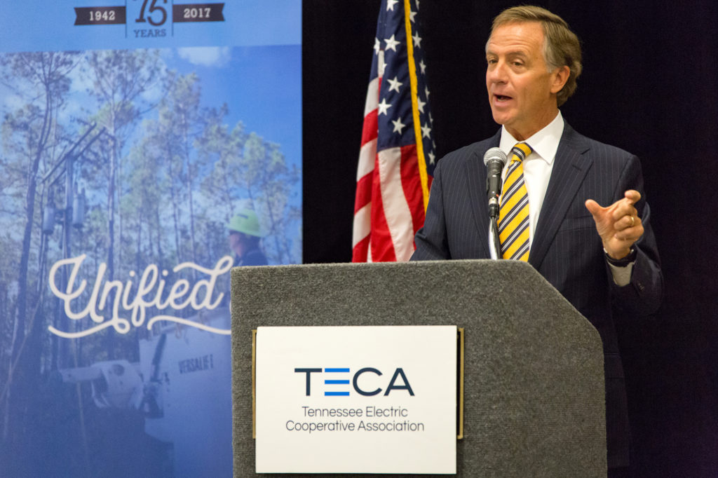 At the TECA legislative conference, Tennessee Gov. Bill Haslam discusses his bill to lift broadband restrictions on electric co-ops. (Photo By: TECA)
