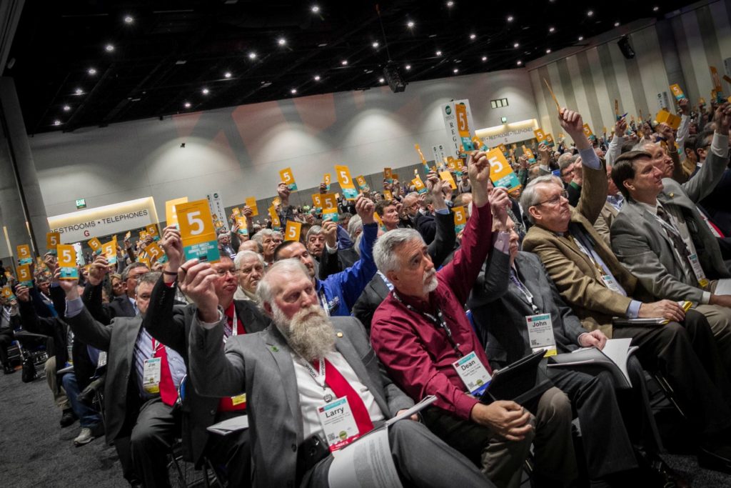 Delegates cast their ballots at the 2017 NRECA Business Meeting, a key part of thee co-op democratic process. A task force empaneled by NRECA and CFC will study governance issues in the next year. (Photo By: Luis Gomez Photos)