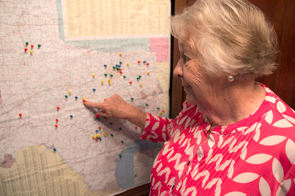 Johnson’s husband, Jerry, devised a map as a way of keeping track of where the hats come from across Texas. “If everybody does a little bit,” Nancy says, “that little bit adds up to a lot.” (Photo courtesy Texas Co-op Power)