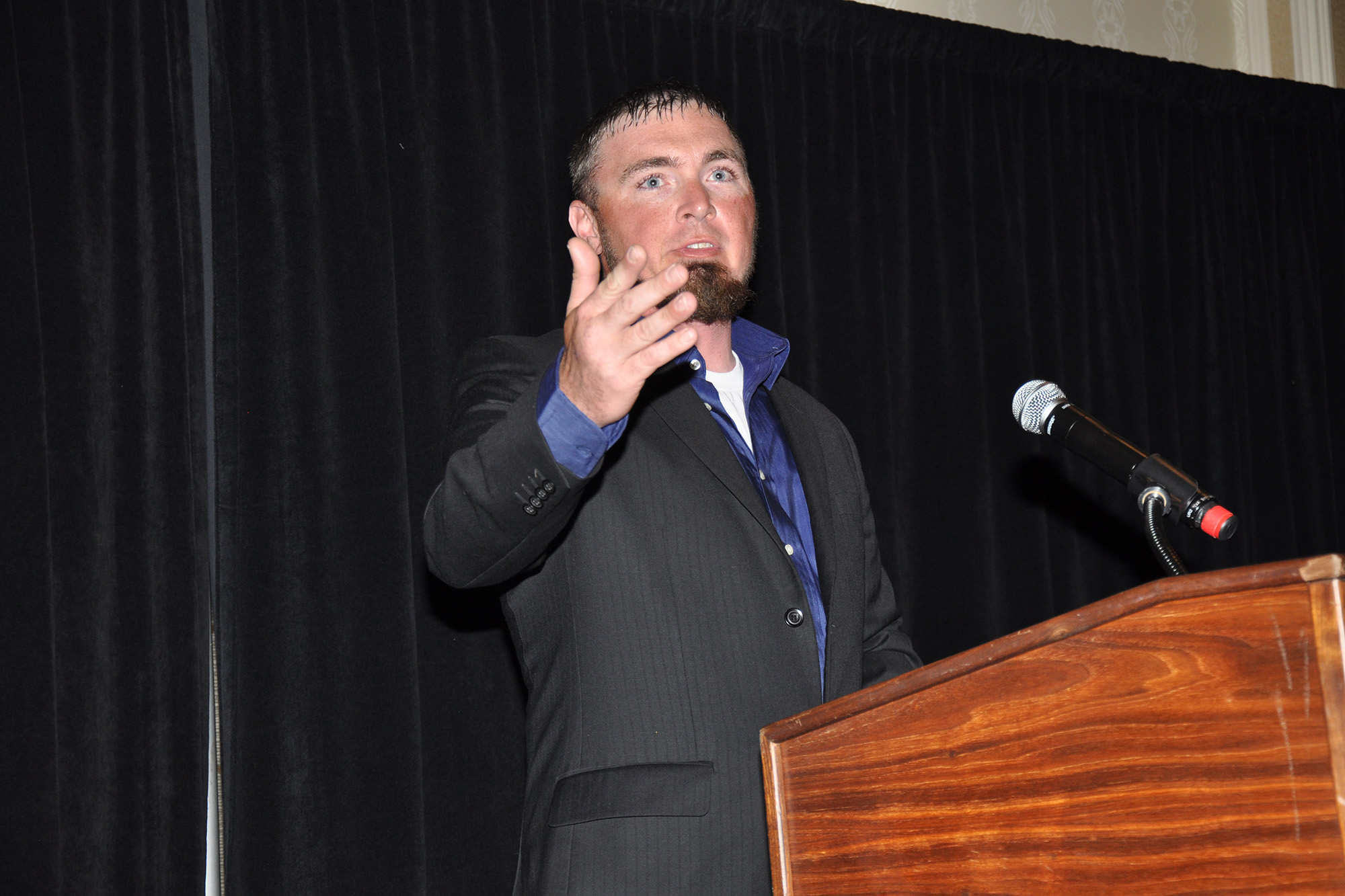 Nate Humphrey delivers the keynote speech at the annual Gaff-n-Go Rodeo. (Photo By: Bill Sherrod/VMDAEC)
