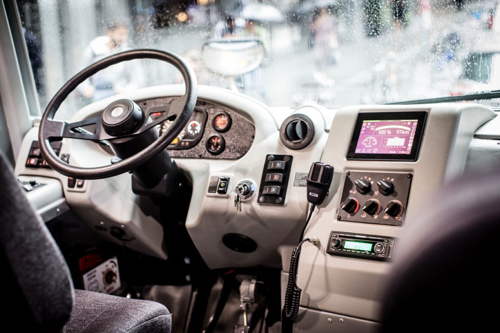 The view the driver will get from behind the wheel of a new electric school bus. (Photo By: Lion Bus)