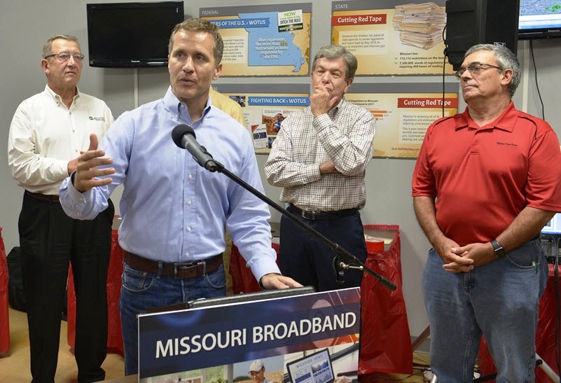 Mo. Gov. Eric Greitens talks on rural broadband as (l-r) Barry Hart of Mo. statewide, Sen. Roy Blunt (R-Mo) and Blake Hurst, president of the Missouri Farm Bureau, which hosted the event. (Photo By: Zach Smith, Rural Missouri magazine)