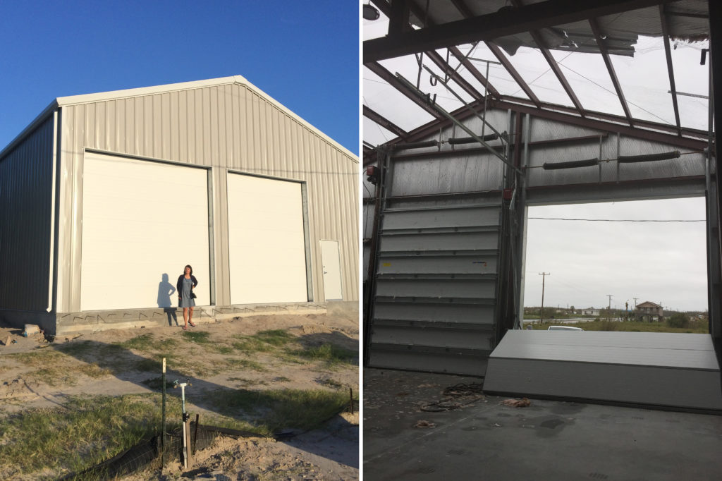 Before and after pictures of our "barndominium," where we stored tools and equipment during the storm. Now it has new open-air skylights and a view, courtesy of Hurricane Harvey. (Copyright Photo By: Anne Harvey)