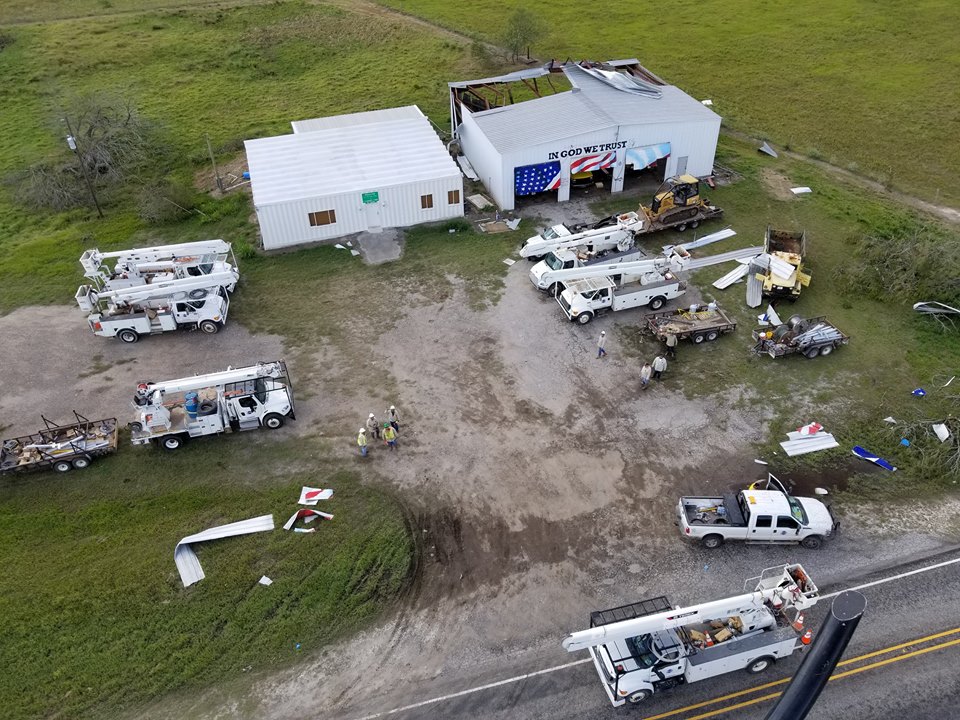An overhead view shows the storm recovery efforts that NRECA and member co-ops are engaged in. (Photo By: San Patricio Electric Co-op)