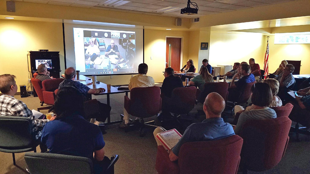 Members of Florida Keys EC’s management and operations staff take part in a teleconference in preparation for Hurricane Irma. (Photo By: Florida Keys EC)