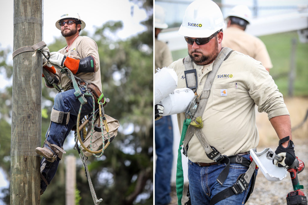 Ryan Cormier (right) and Johnathan Clements of SLEMCO helped distribute flood relief supplies in Port Arthur, Texas, Aug. 31. (Photo By: SLEMCO)