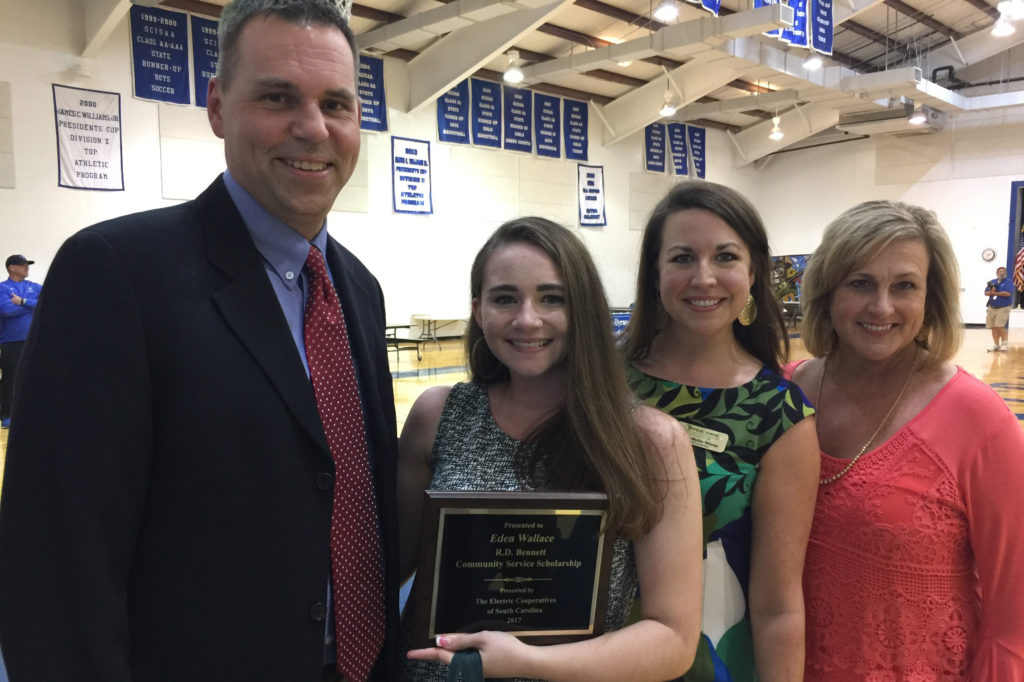 Eden Wallace (second from left) after being presented with her scholarship by Van O’Cain of the South Carolina statewide and Katie Wilcox and Page Chestnut of Pee Dee Electric. (Photo Courtesy of Van O’Cain)