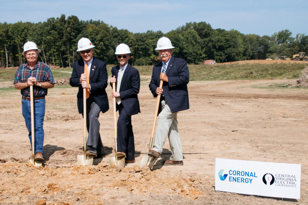 Retired Central Virginia Electric Co-op employee Grover Palmer (left) breaks ground at Palmer Solar Center with co-op officials and the facility’s developer. (Photo Courtesy of Coronal Energy)