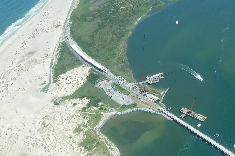Aerial view shows repair work by CHEC at the south end of the Bonner Bridge to Hatteras Island after July 27 blackout. (Photo By: TEMC)