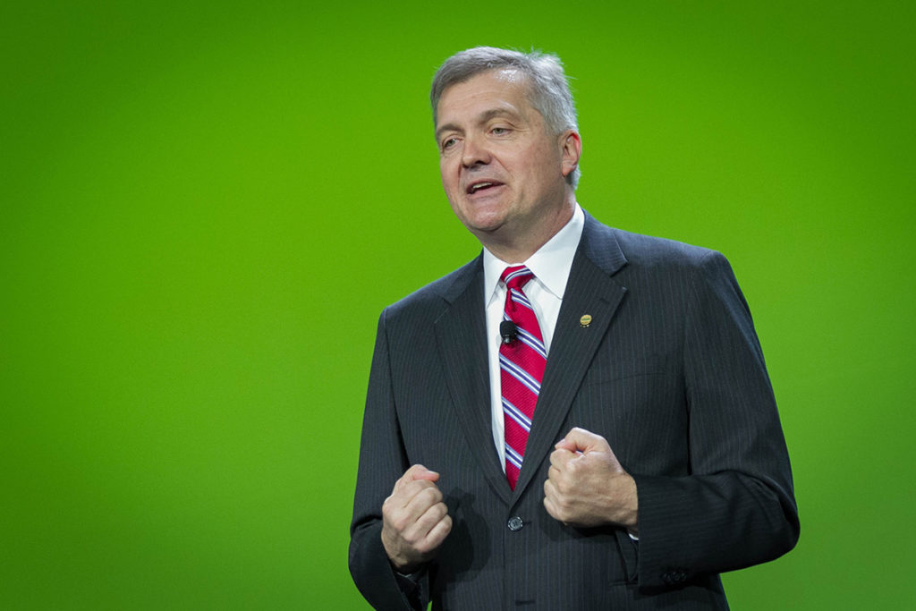 NRECA CEO Jim Matheson tells co-op leaders at the 2018 annual meeting that member engagement is crucial to co-ops' success. (Photo By: Luis Gomez Photos)