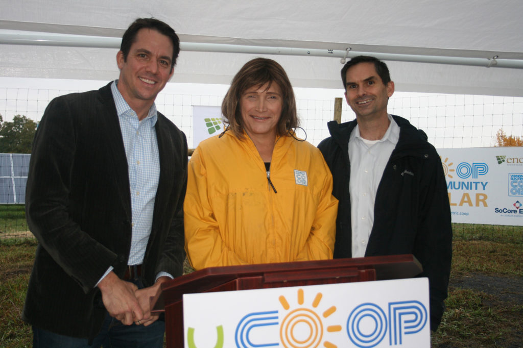 Christine Hallquist, former CEO of Vermont Electric Cooperative (center), is running for the state's Democratic gubernatorial nomination. She's pictured here in October 2016 with Chad Farrell of Encore Renewable Energy (left) and Eric Luesebrink of SoCore in Alburgh, Vermont. (Photo By: Vermont EC)