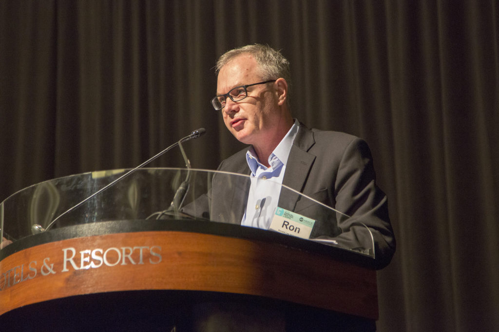 Tipmont REMC's Ron Holcomb delivers the keynote address during the NRECA International Luncheon in Nashville on Feb. 27, 2018. (Photo By: Denny Gainer)