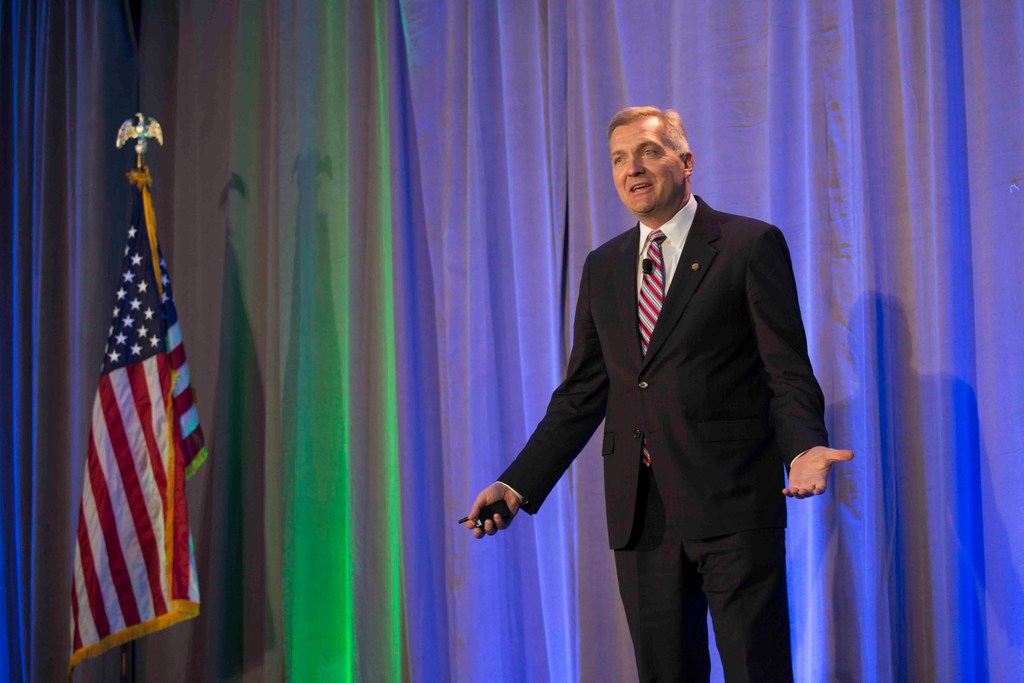 NRECA CEO Jim Matheson addresses the closing general session at the Safety Leadership Summit in Atlanta. (Photo By: Alexis Matsui)