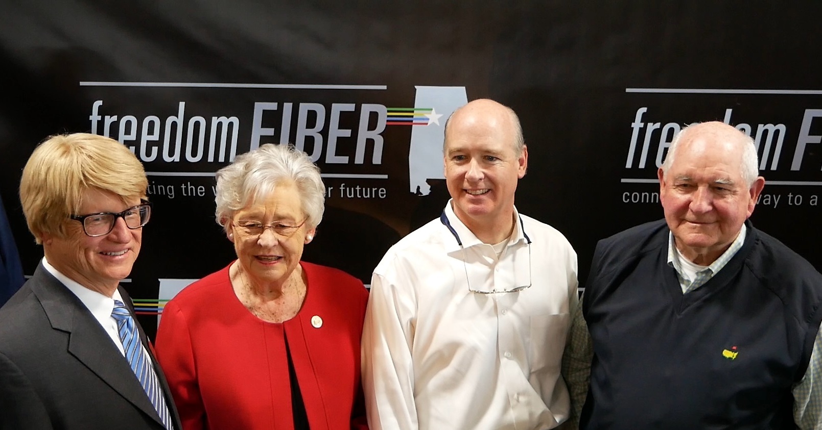 (L-R) Tombigbee CEO Steve Foshee, Alabama Gov. Kay Ivey, Rep. Robert Aderholt and Agriculture Secretary Sonny Perdue celebrate a $3 million grant to the co-op for broadband. (Photo By: Active8 Communications)