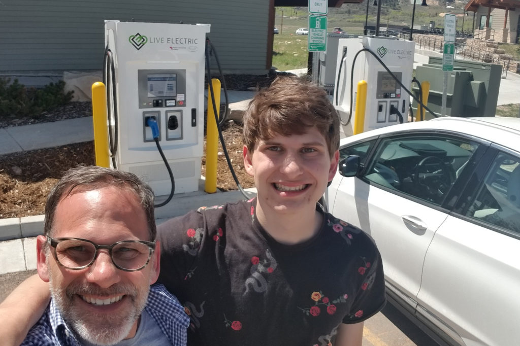 Mike Smith of The Electric Cooperatives of South Carolina and his son, Colin, recharged their Chevy Bolt electric vehicle at a public library in Park City, Utah. (Photo Courtesy of ECSC)