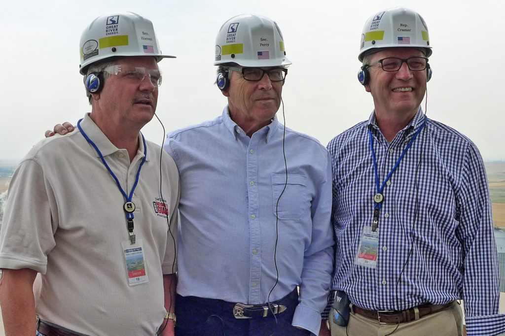 (L-R) Sen. John Hoeven, Energy Secretary Rick Perry and Rep. Kevin Cramer, toured Great River Energy’s Coal Creek Energy Park. (Photo By: Lyndon Anderson/GRE)