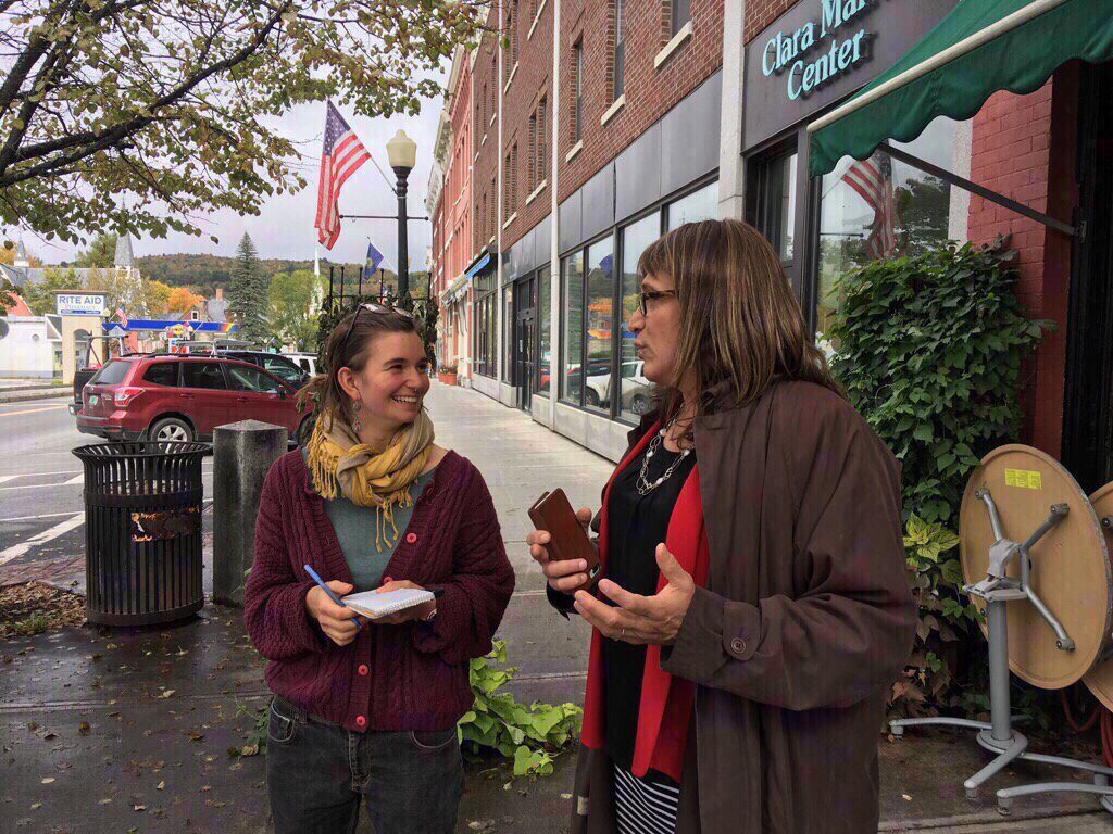 Christine Hallquist, right, former CEO of Vermont Electric Cooperative and the state's Democratic gubernatorial nominee, meets with a reporter in Orange County earlier this month. (Photo Courtesy of Christine Hallquist for Governor)