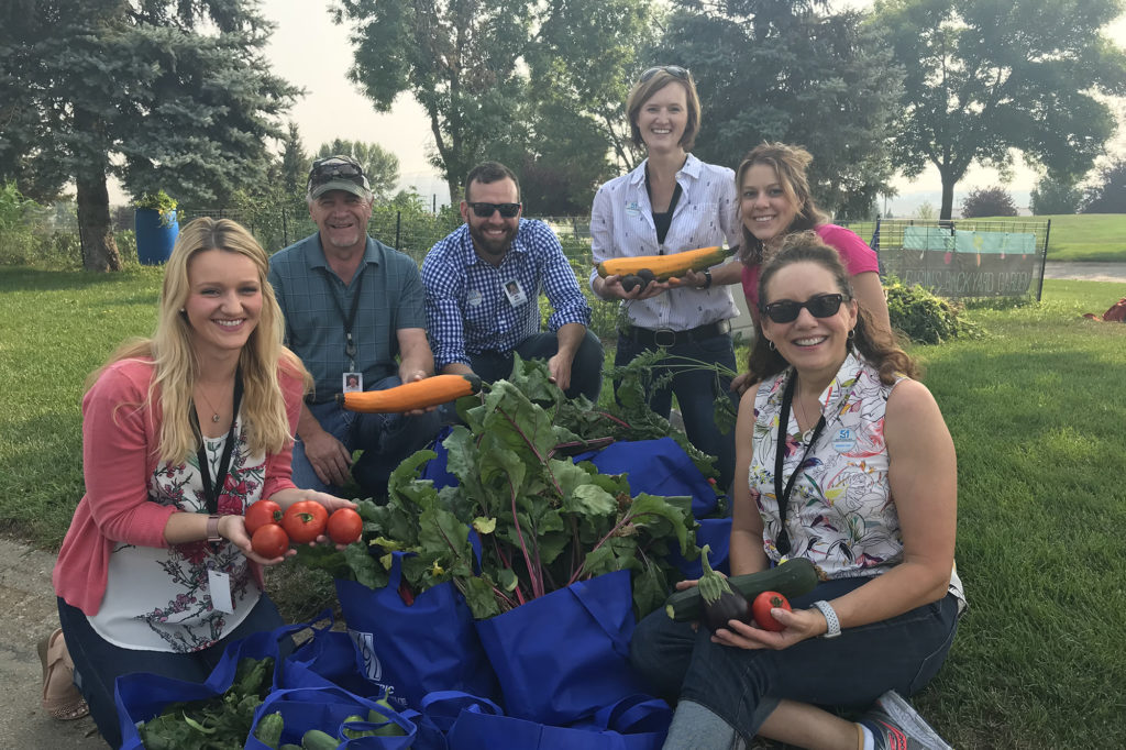 (L-R) Lindsey Chumley, Bill Baer, Chris Gessele, Tammy Langerud, Lori Goetzfridt, and Tracey Krusi are among the volunteers who worked on Basin Electric Power Cooperative’s community garden program in 2018. (Photo By: Tracie Bettenhausen/Basin Electric)