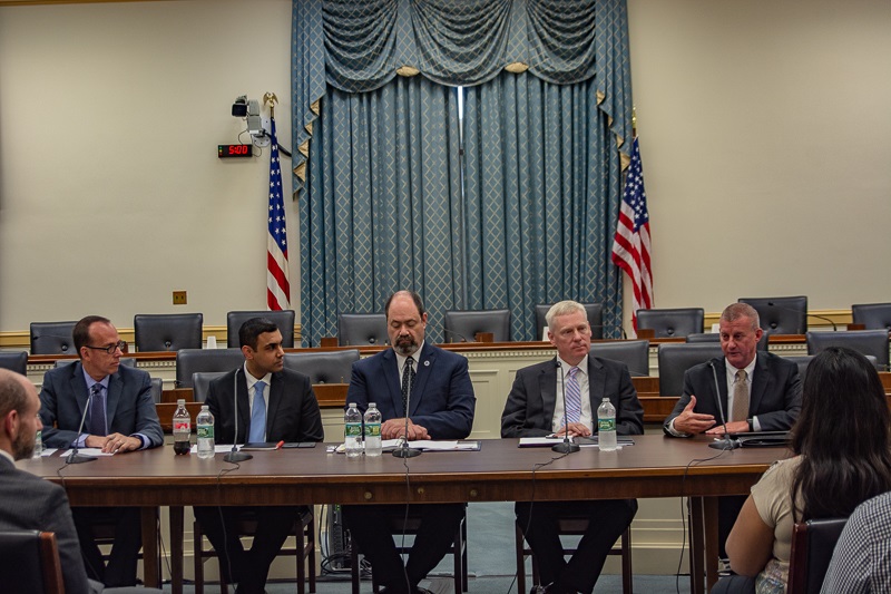 Cybersecurity experts (l-r) Barry Lawson of NRECA, Puesh Kumar of DOE, Ron Keen of DHS, Fritz Hertz of NERC and Ben Waldrep of Duke Energy discuss working together against cyberthreats at a congressional staff briefing kicking off National Cyber Security Awareness Month. (Photo By: NRECA)