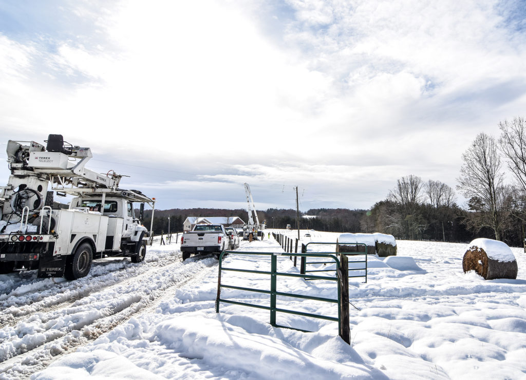 In North Carolina, crews from Shallotte-based Brunswick EMC joined efforts to restore power to members of Dobson-based Surry-Yadkin EMC. (Photo By: Brunswick EMC)