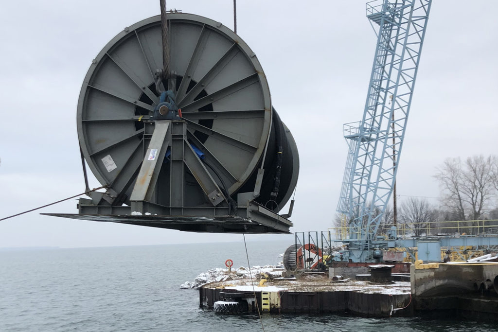 In Sturgeon Bay, one of two reels of submarine cable bound for Washington Island. (Photo By: Don Sarter/Roen Salvage)