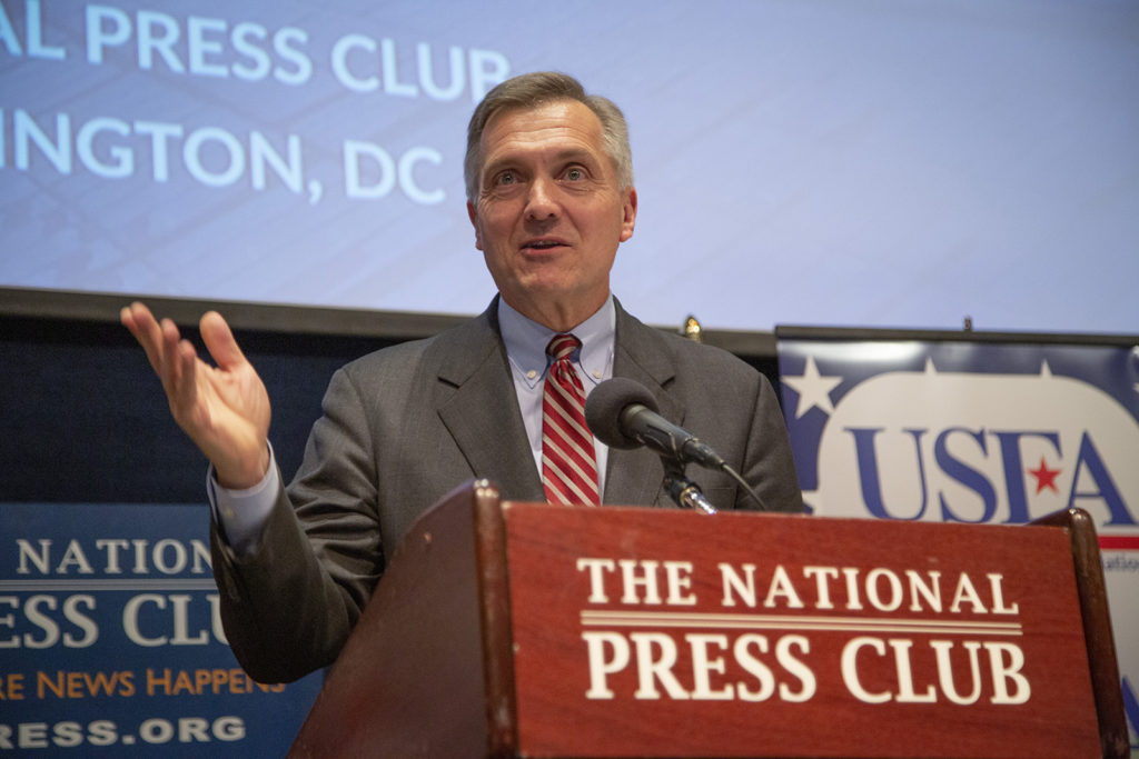 NRECA CEO Jim Matheson underscores electric co-ops’ innovative, member-driven solutions and NRECA priorities for supportive government policy at a Washington forum of top industry officials. (Photo By: Denny Gainer/NRECA)