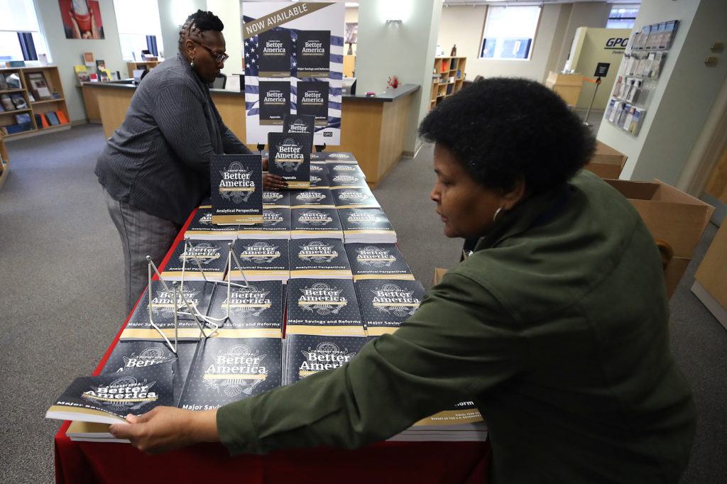 President Trump’s 2020 budget request to Congress, pictured on display at the Government Publishing Office, includes a plan to sell off federal dams and transmission lines that electric co-ops depend on for low-cost power. (Photo By: Mark Wilson, Getty Images)