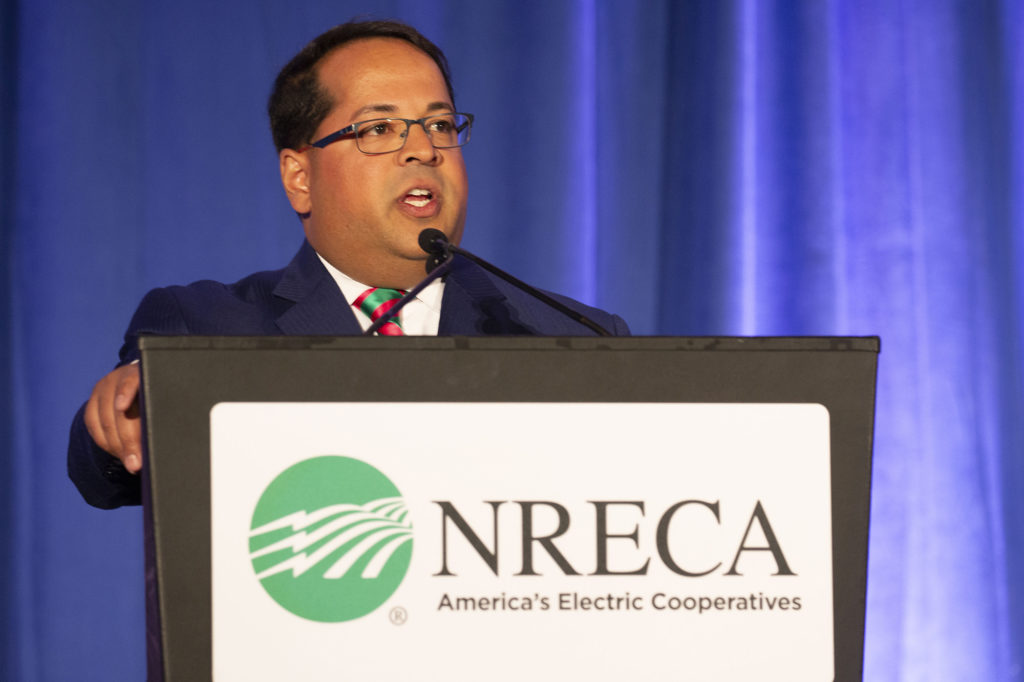 FERC Chairman Neil Chatterjee warns co-op leaders about threats to the electric grid. (Photo By: Alexis Matsui/NRECA)