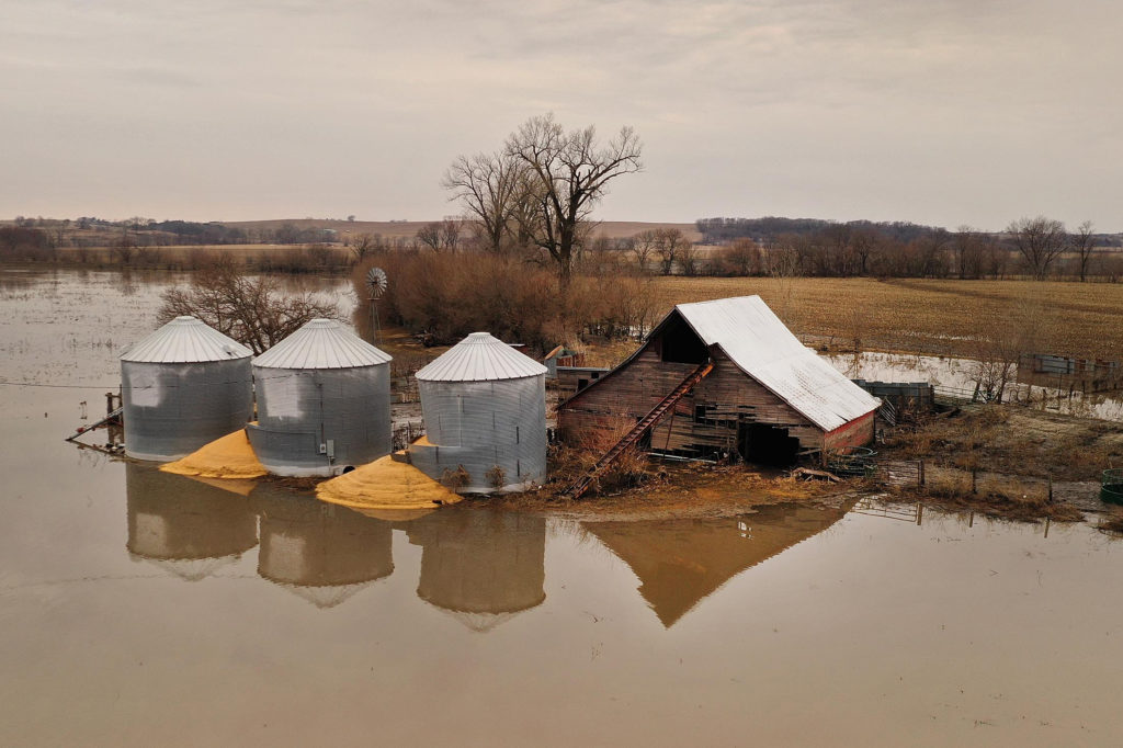 Corn burst from a grain bin soaked with floodwater near Union, Nebraska. Damage estimates from flooding in the state have topped $1 billion. (Photo By: Scott Olson/Getty Images)