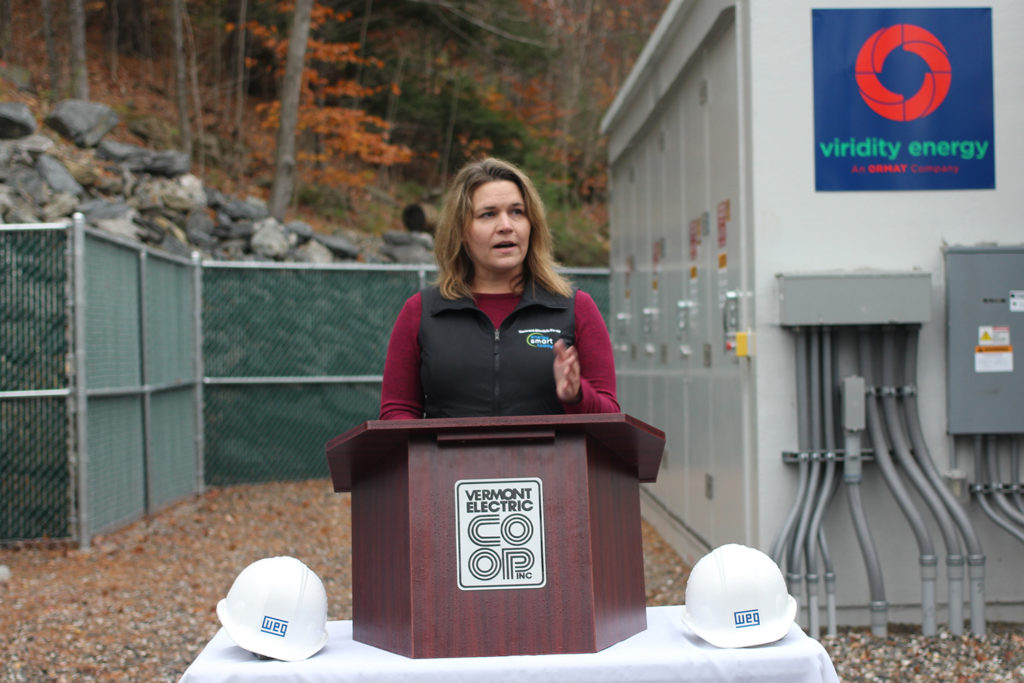 VEC CEO Rebecca Towne marks six months of operating an energy storage project that has saved members $90,000 at the battery site which is by a co-op substation. (Photo By: VEC)