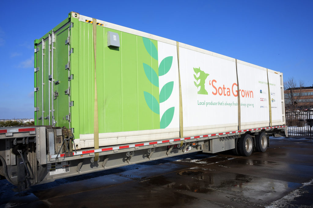 College students should soon be harvesting 100 pounds of kale a week from crops grown inside this trailer in Minnesota. (Photo By: Great River Energy)