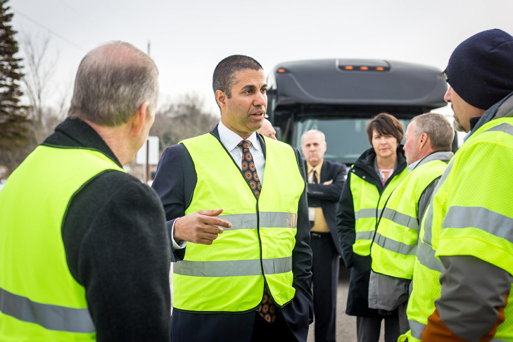 FCC Chairman Ajit Pai engages with Midwest Energy & Communications crew hanging fiber-optic cable to deliver broadband access in Lenawee County, Michigan. (Photo By: Casey Clark/MEC)