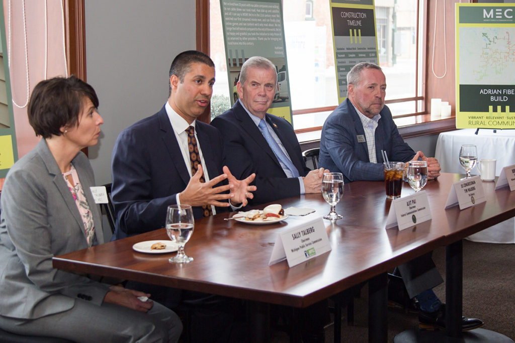 Michigan Public Service Commission Chairman Sally Talberg, FCC Chairman Ajit Pai, Rep. Tim Walberg and MEC CEO Bob Hance discuss the challenges of building rural broadband during a visit to the Michigan co-op. (Photo By: Casey Clark/MEC)