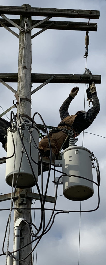 Matt Morris says he misses the camaraderie of working with his full lineworker crew. He has been working with just one other lineworker during the pandemic as employees maintain social distancing. (Photo courtesy of Ohio's Electric Cooperatives)