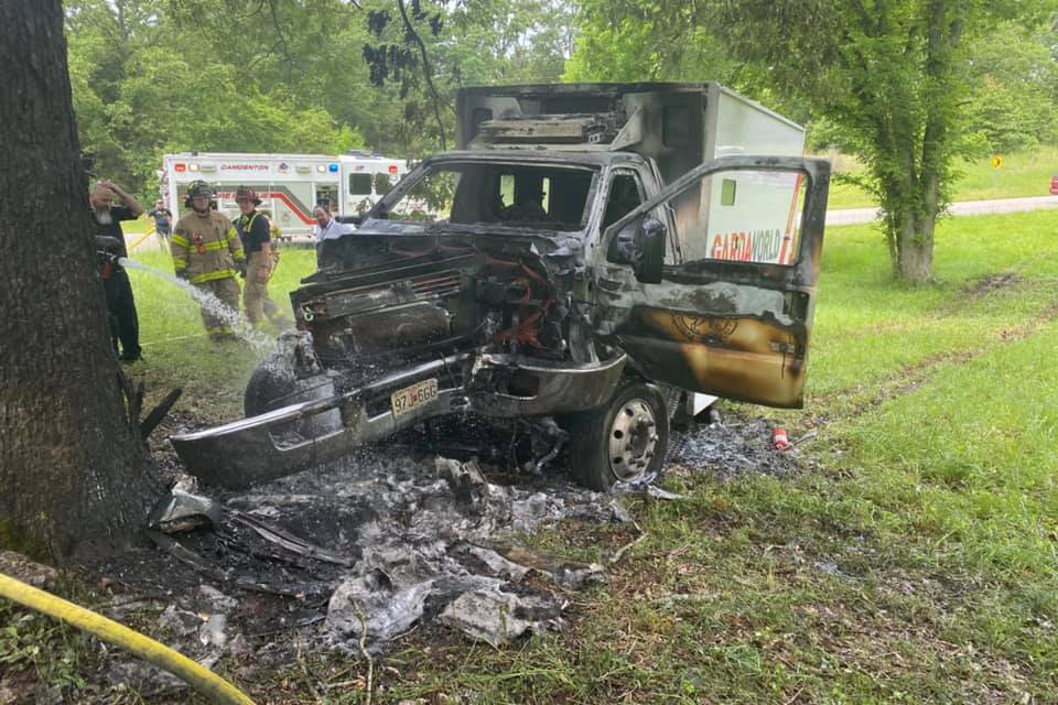 A Missouri co-op employee saved two men from a burning armored vehicle after coming across the scene of an accident. The entire cab was engulfed in flames just moments after he pried the driver’s door open and the men escaped. (Photos courtesy of Southwest Camden County Fire Protection District)
