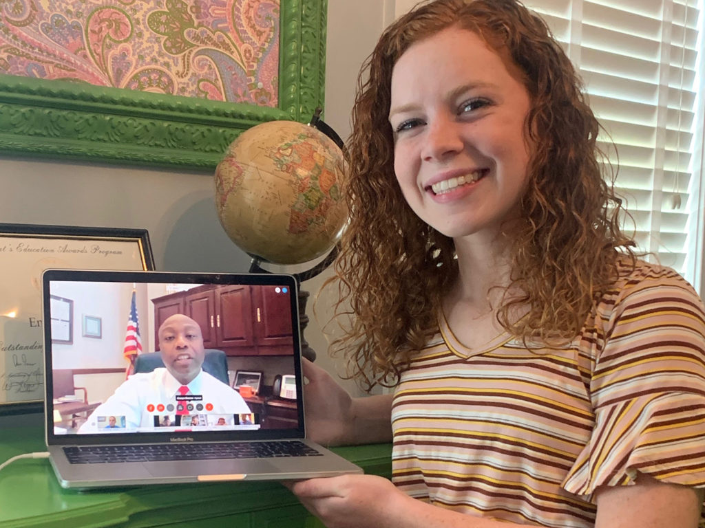 Emily Rabon, a young consumer-member of Horry Electric Cooperative, visits with Sen. Tim Scott, R-S.C., during the Electric Cooperatives of South Carolina’s Summer Youth Conference. (Photo Courtesy of ECSC) 