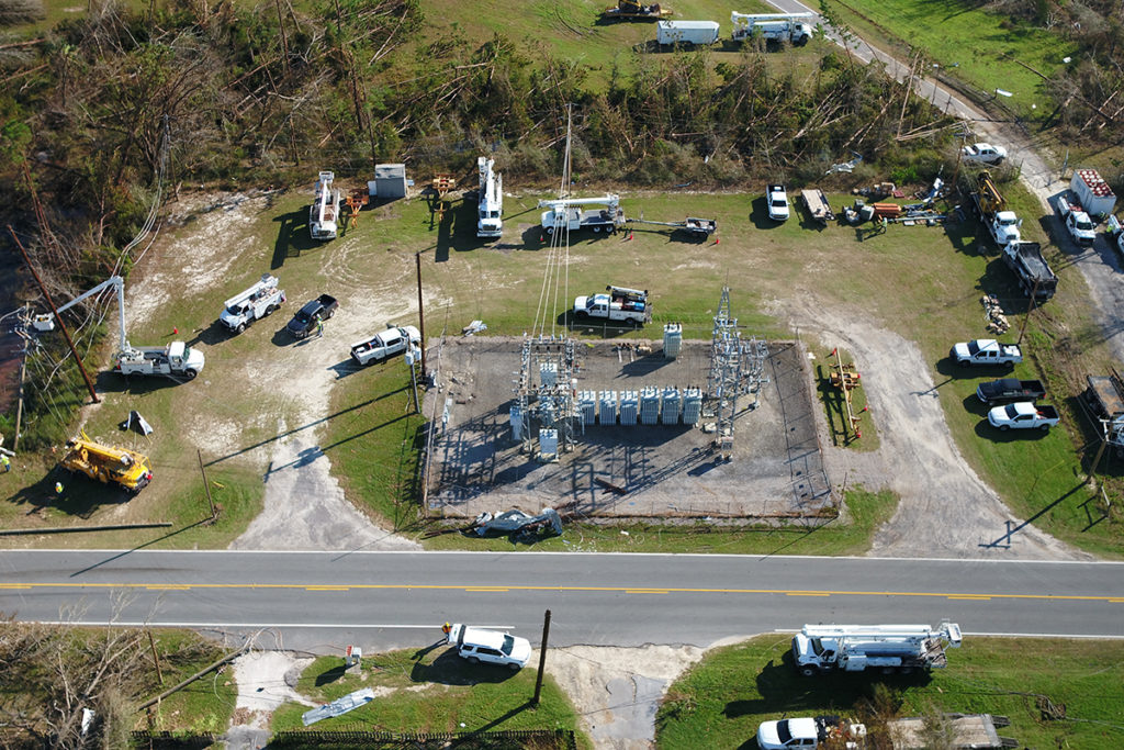 Transmission construction crews staged their vehicles near substations and other co-op facilities as they rebuilt PowerSouth’s transmission system after Hurricane Michael in 2018. (Photo By: PowerSouth) 