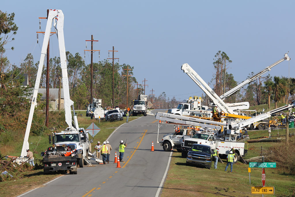 It took more than two weeks for Power South to rebuild transmission structures and replace conductor after Hurricane Michael made landfall on the Florida panhandle in 2018. (Photo By: PowerSouth) 