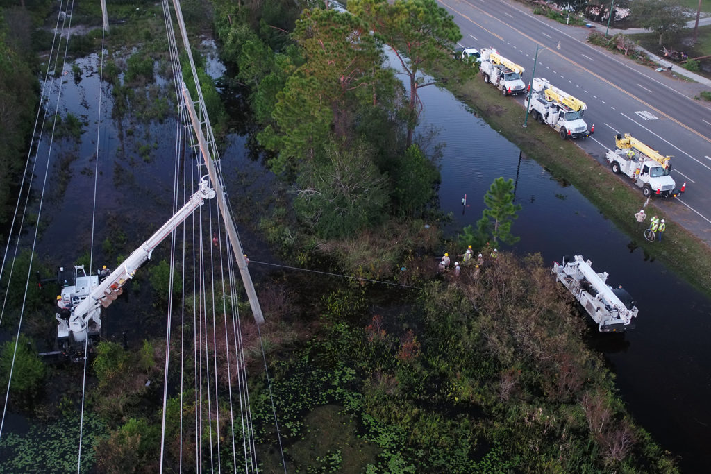 Baldwin EMC, with help from out-of-state co-op crews, makes progress restoring power after Hurricane Sally devastated its system. (Photo Courtesy: Baldwin EMC)