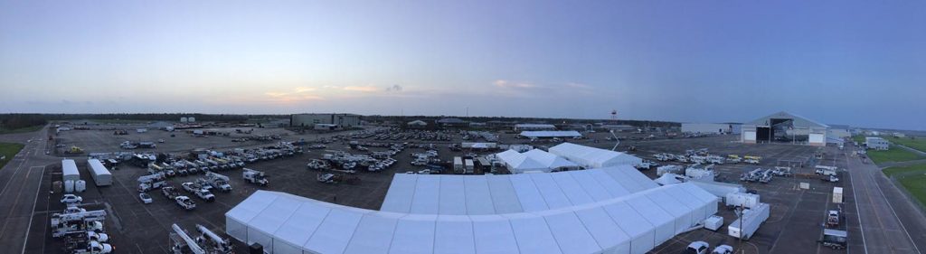 A temporary mutual aid staging camp set up at Lake Charles Louisiana’s Chennault International Airport is being closed this week as the area prepares for Tropical Storm Beta. (Photo By: Jeff Davis EC)