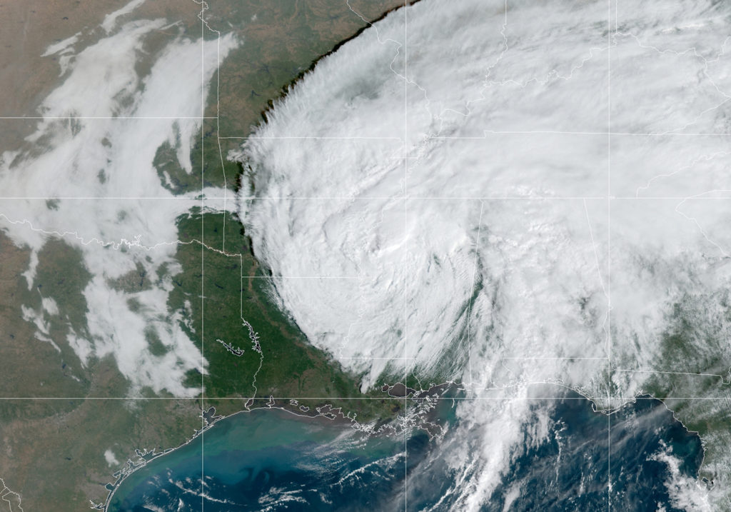 The GOES East satellite shows Delta moving inland as a tropical storm on Saturday morning. (Image Courtesy: NOAA)