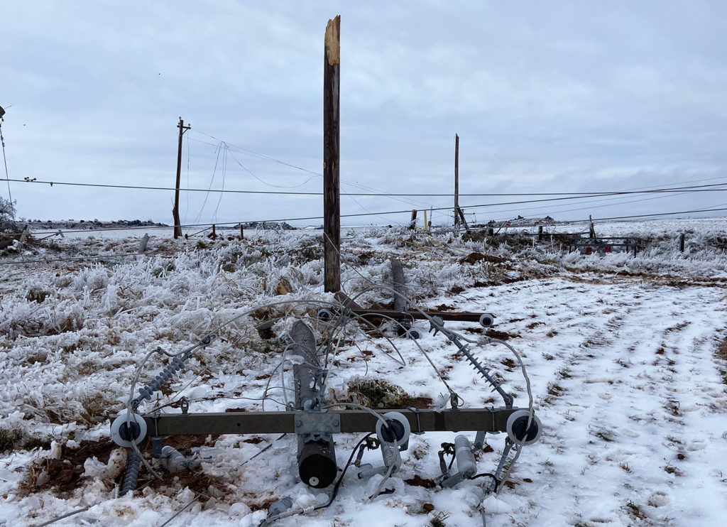 The heavy ice was no match for transmission structures and power lines that succumbed to the weight of the one to four inches of ice across parts of Oklahoma. Pictured above is damage along the Hydro to Eakly line in Oklahoma. (Photos Courtesy: WFEC)