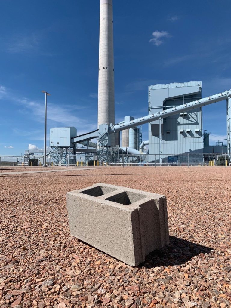 These concrete blocks outside the Integrated Test Center at Basin Electric’s Dry Fork Station are among 10,000 produced using carbon capture technology. (Photo By: XPrize)